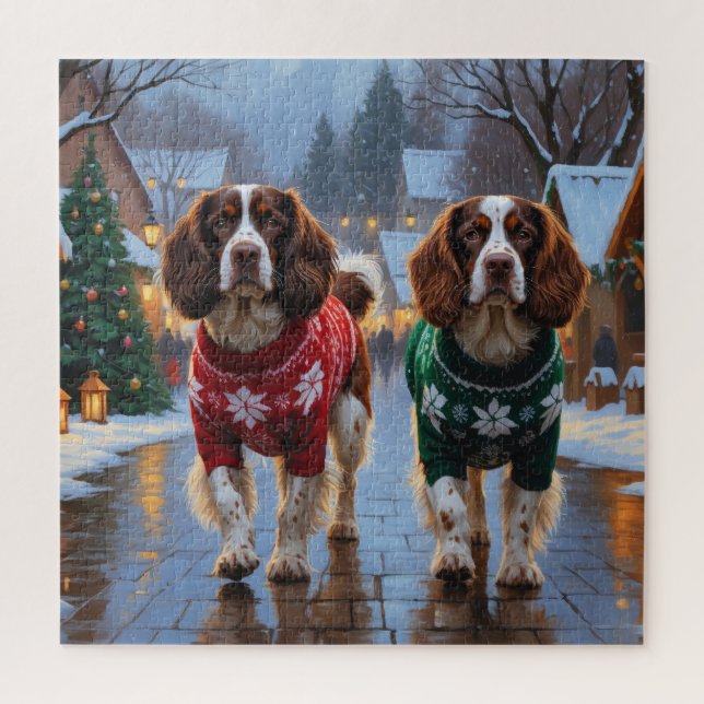 Puzzle Perros Brittany Spaniel Navidad Nieve Fiesta (Vertical)