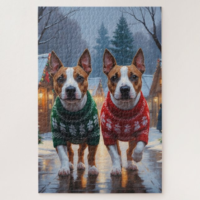 Puzzle Perros Bull Terrier Navidad Nieve Fiesta (Vertical)