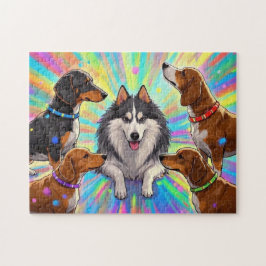 Puzzle Perros Cachorros con fondo de arcoiris