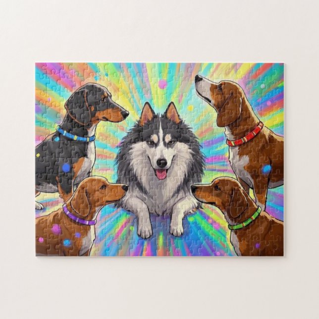 Puzzle Perros Cachorros con fondo de arcoiris (Horizontal)