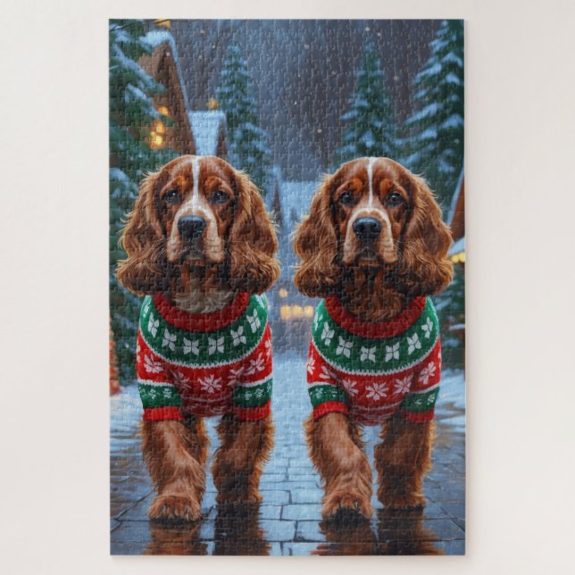 Puzzle Perros Cocker Spaniel Navidad Nieve Fiesta (Vertical)