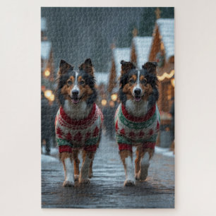 Puzzle Perros Collie Ásperos Navidad Nieve Fiesta