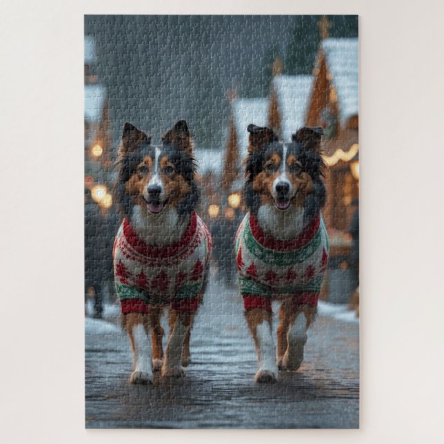 Puzzle Perros Collie Ásperos Navidad Nieve Fiesta (Vertical)