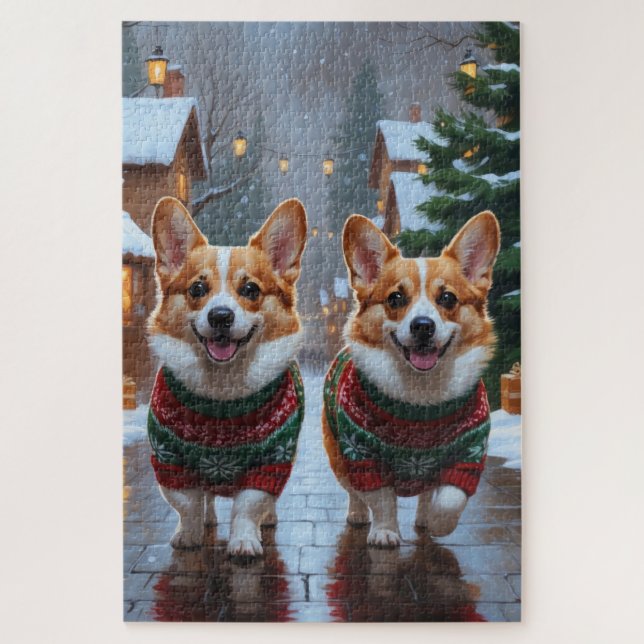 Puzzle Perros Corgi Navidad Nieve Fiesta (Vertical)