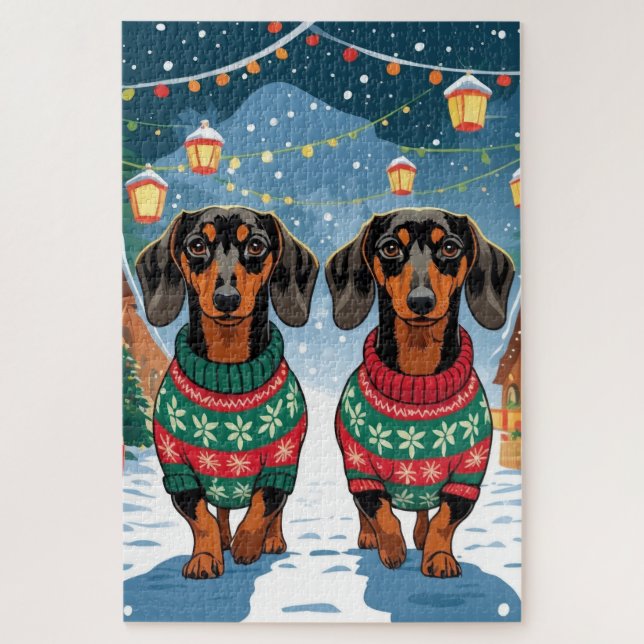 Puzzle Perros Dachshund Navidad Nieve Fiesta (Vertical)