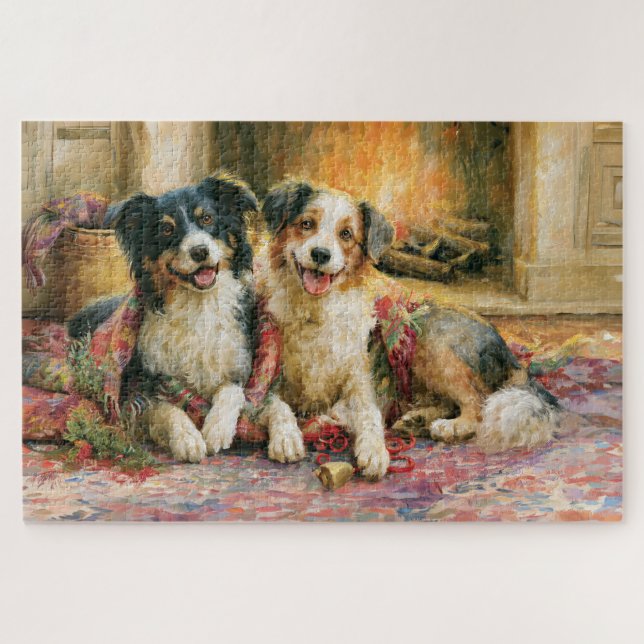 Puzzle Perros de Navidad Chimenea Rústica Pintura Nostálg (Horizontal)