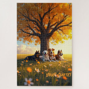 Puzzle Perros de Otoño Descansando Bajo un Gran Árbol