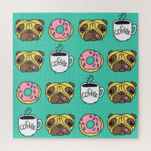 Puzzle Perros divertidos, donuts, patrón de café.
