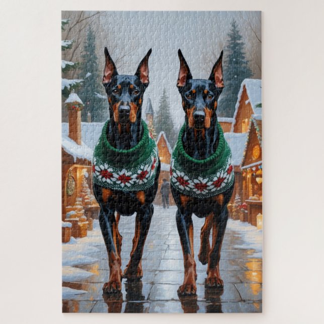 Puzzle Perros Doberman Navidad Nieve Fiesta (Vertical)