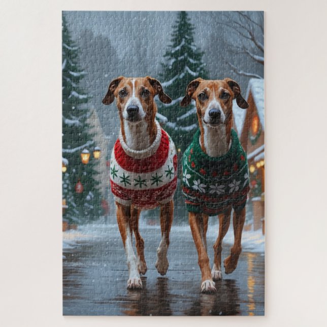 Puzzle Perros Galgo Navidad Nieve Fiesta (Vertical)