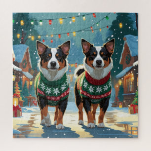 Puzzle Perros Ganaderos Australianos Navidad Nieve Fiesta