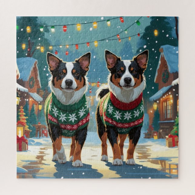 Puzzle Perros Ganaderos Australianos Navidad Nieve Fiesta (Vertical)