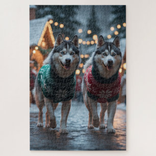 Puzzle Perros Husky Siberiano Navidad Nieve Fiesta