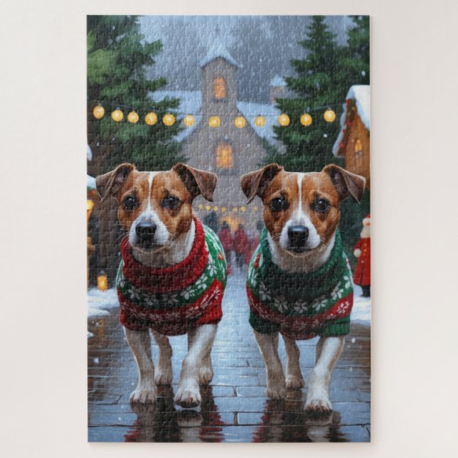 Puzzle Perros Jack Russell Navidad Nieve Fiesta (Vertical)