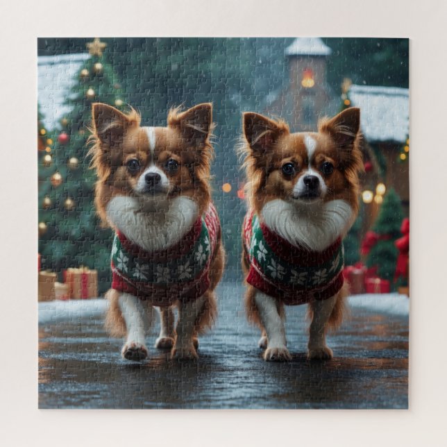 Puzzle Perros Papillon Navidad Nieve Fiesta (Vertical)