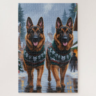Puzzle Perros Pastor Alemán Navidad Nieve Fiesta