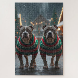 Puzzle Perros Pitbull Navidad Nieve Fiesta