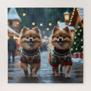 Puzzle Perros Pomerania Navidad Nieve Fiesta