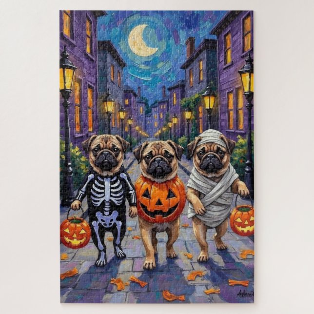 Puzzle Perros Pug Trick-or-Treating con disfraces de Hall (Vertical)