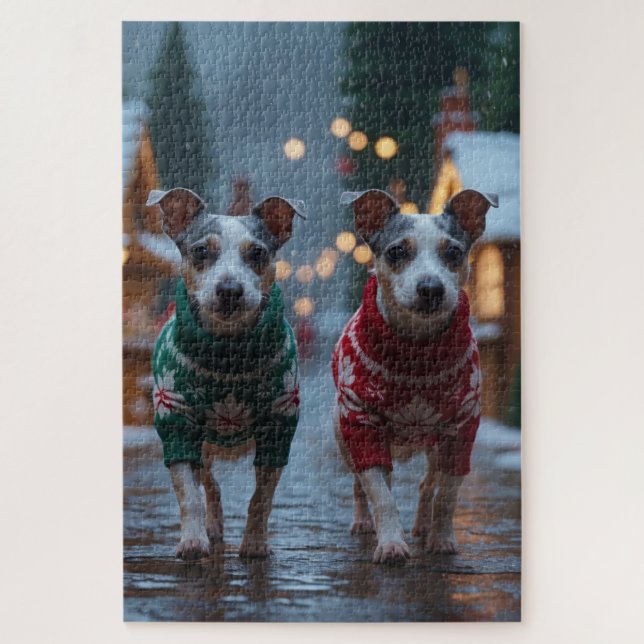 Puzzle Perros Rat Terrier Navidad Nieve Fiesta (Vertical)