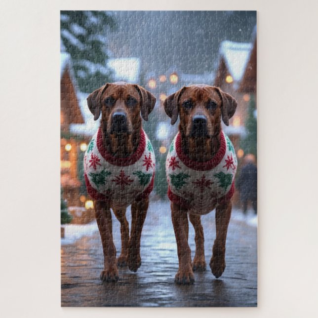 Puzzle Perros Ridgeback de Rodesia Navidad Nieve Fiesta (Vertical)