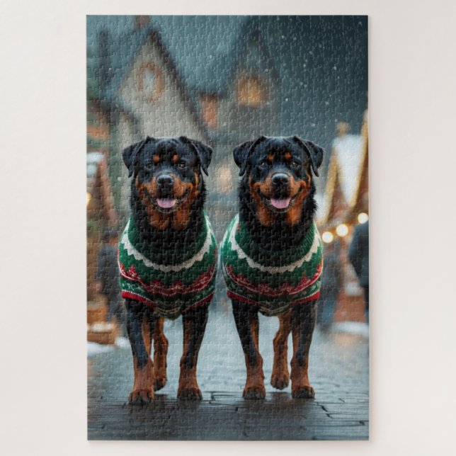 Puzzle Perros Rottweiler Navidad Nieve Fiesta (Vertical)