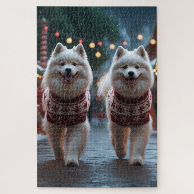 Puzzle Perros Samoyedo Navidad Nieve Fiesta (Vertical)