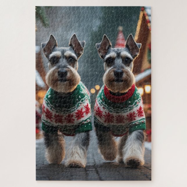 Puzzle Perros Schnauzer Navidad Nieve Fiesta  (Vertical)