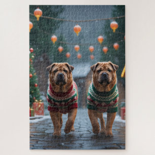 Puzzle Perros Shar Pei Navidad Nieve Fiesta