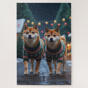 Puzzle Perros Shiba Inu Navidad Nieve Fiesta
