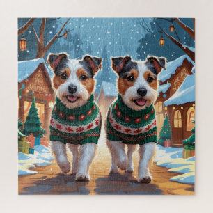 Puzzle Perros Terrier Australiano Navidad Nieve Fiesta
