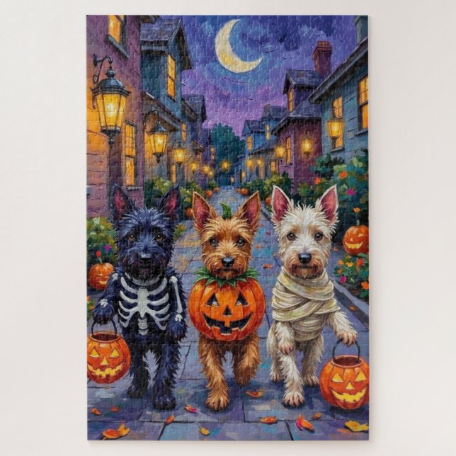 Puzzle Perros Terrier Escoceses con disfraces de Hallowee (Vertical)