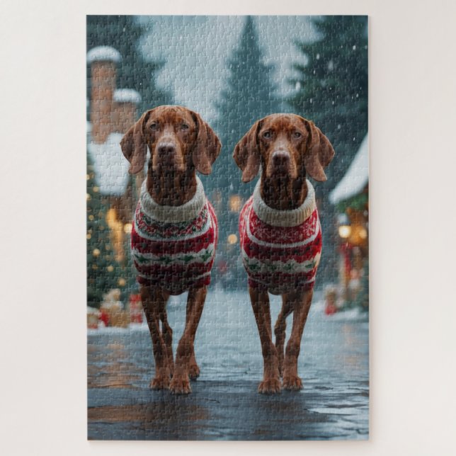 Puzzle Perros Vizsla Navidad Nieve Fiesta (Vertical)