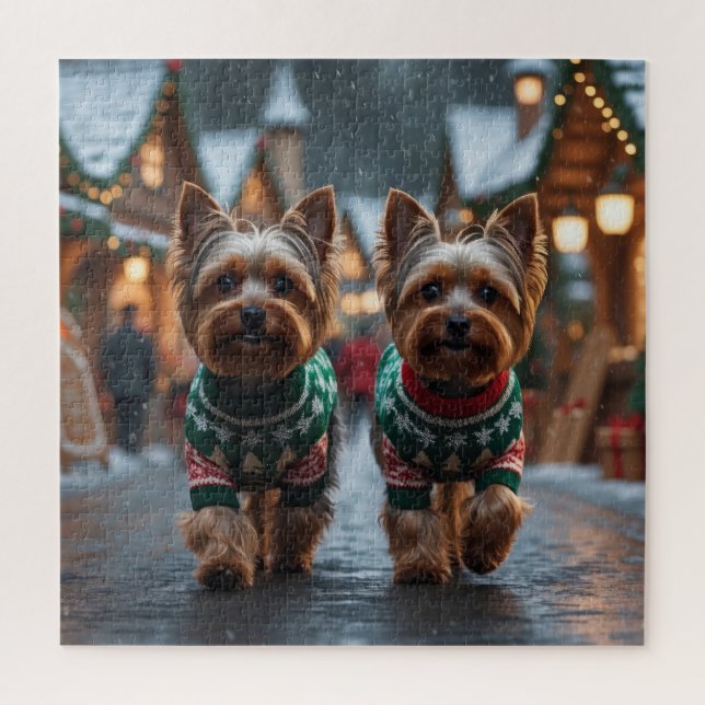 Puzzle Perros Yorkshire Terrier Navidad Nieve Fiesta (Vertical)