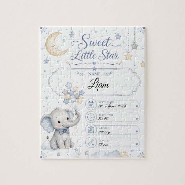 Puzzle Personalisierbare Baby Geburtstafel mit Elefant  (Vertical)