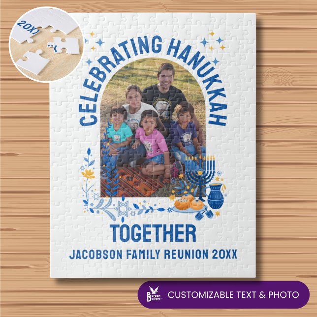 Puzzle Personalizable HANUKKAH FAMILIAR REUNION Souvenir (CELEBRATING HANUKKAH TOGETHER jigsaw with customizable text and photo. Ideal Chanukah gift.)