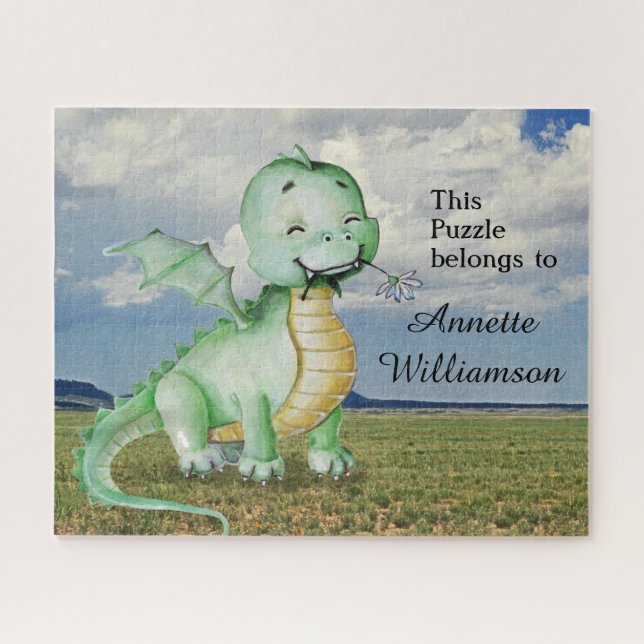 Puzzle Personalización de dinosaurio verde lindo con nomb (Horizontal)
