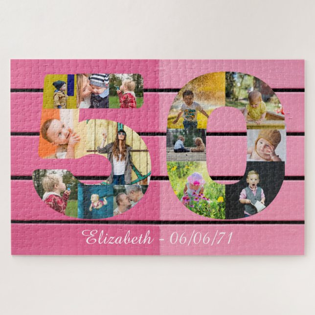 Puzzle Personalizado 50 cumpleaños 14 Collage de fotos ro (Horizontal)