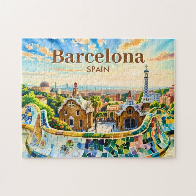 Puzzle Personalizado Barcelona España Acuarela Park Guell (Horizontal)