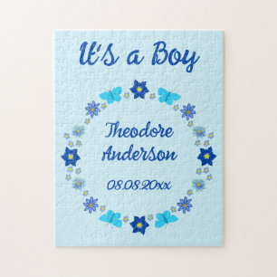 Puzzle Personalizado de mariposas y flores Blue Baby Boy