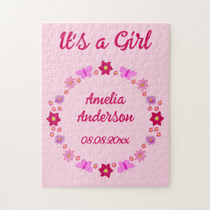 Puzzle Personalizado de mariposas y flores para bebé rosa
