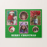 Puzzle Personalizado Merry Christmas Photo Jigsaw Collage<br><div class="desc">Un rompecabezas fotográfico personalizado es el regalo perfecto para el amante del rompecabezas de los Navidades. Este rompecabezas fotográfico personalizado muestra tus seis fotos favoritas rodeadas de cuadros de caña de dulces. Además, las palabras "MERRY NAVIDAD" aparecen debajo de las fotos para uno de los amables Navidades personalizados Foto del...</div>