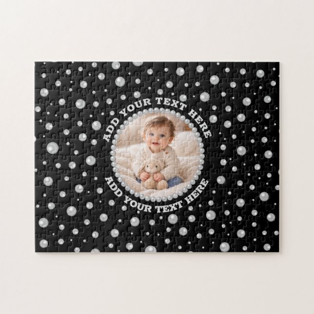 Puzzle Personalized Photo with Pearls Circle on Black (Horizontal)