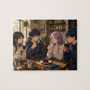 Puzzle Personas de anime tomando café