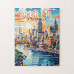 Puzzle Perth Australia Travel Art Vintage<br><div class="desc">Diseño de viaje vector retro Perth. Perth,  capital de Australia Occidental,  se encuentra donde el río Swan se encuentra con la costa suroeste.</div>