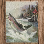 Puzzle Pesca de trucha arcoiris vintage, pesca de pescado<br><div class="desc">Diseño deportivo de ilustracion de época con pescadores en un río. Una trucha arco iris chapotea y salta del agua.</div>