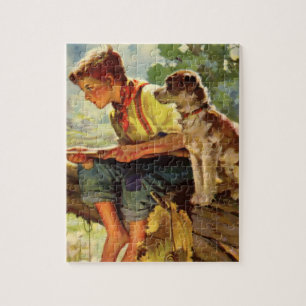 Puzzle Pesca Vintage, Niño con su Cachorro y Lombrices
