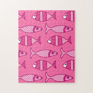 Puzzle Pescado retro moderno, fucsia y rosa claro