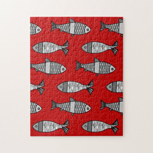 Puzzle Pescado retro moderno, rojo profundo y gris / gris (Vertical)
