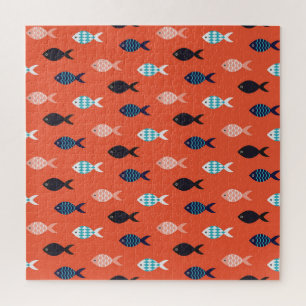 Puzzle Pescado vintage, patrón de coral rojo.